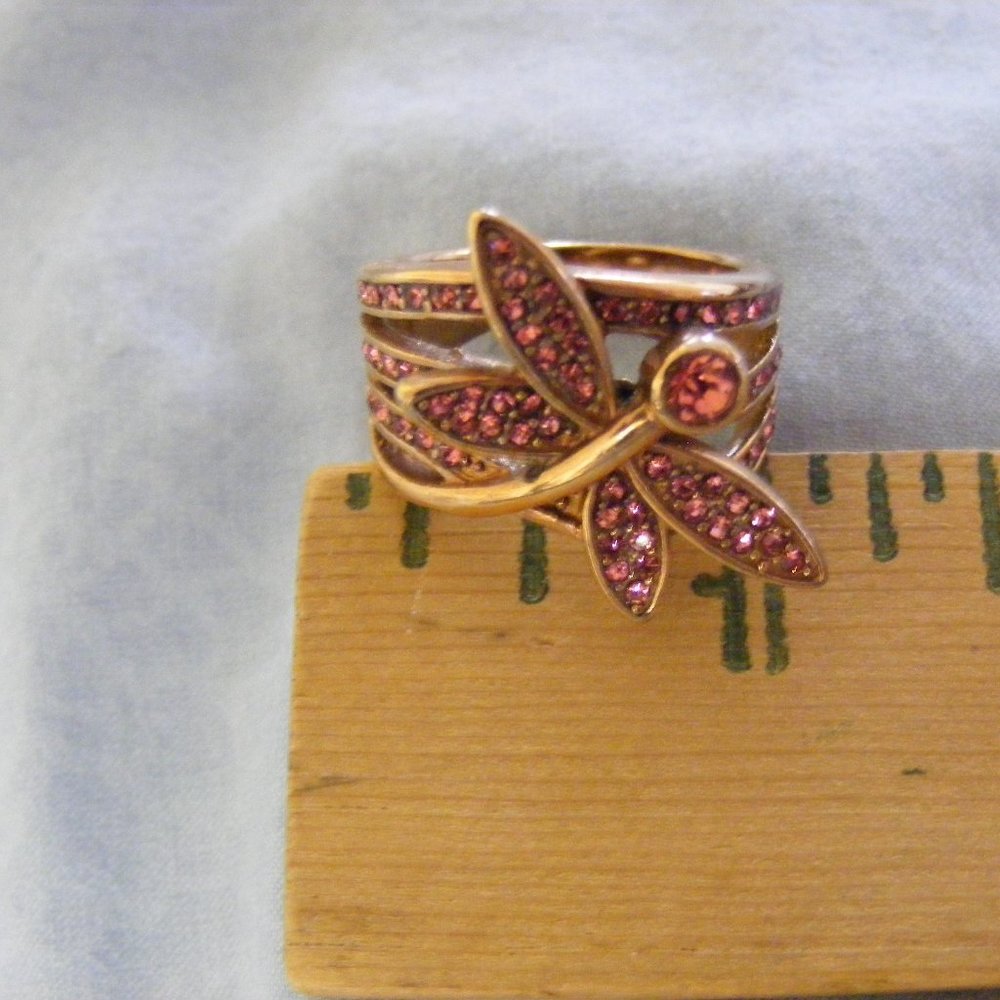 Pink Austrian Crystal Dragonfly Ring in ION Plated RG Stainless Steel (Size 8)